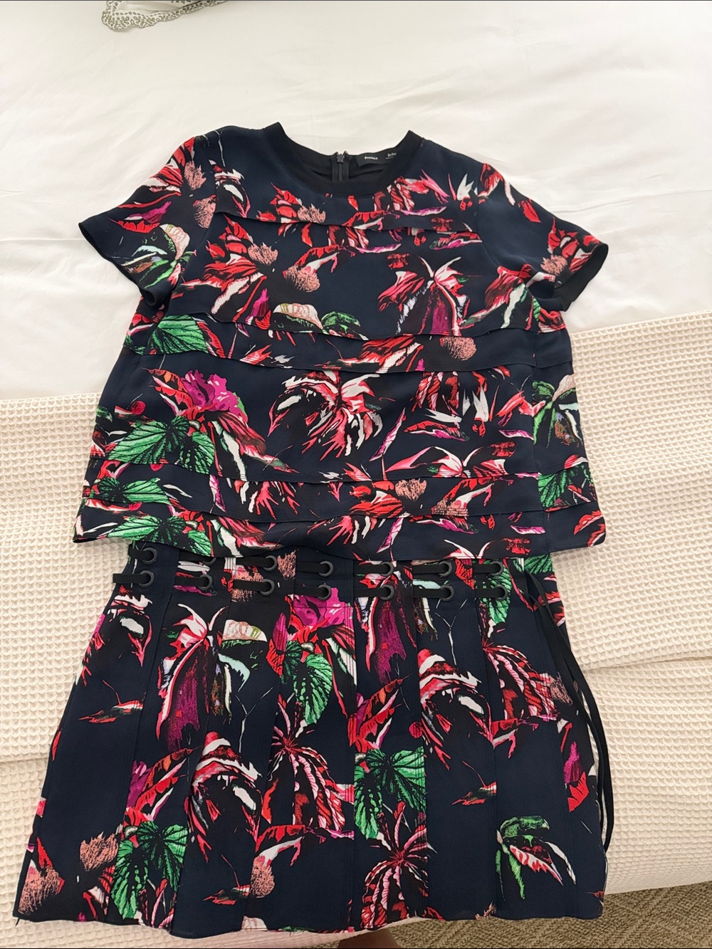 Proenza Schouler Navy Floral Two-Piece Dress with Pink Green Red Accents